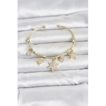 Nevamel® Pirinç Gold Renk Lotus Detay Charmlı Kadın Bileklik 5886