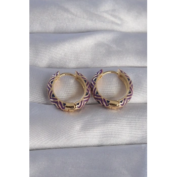 Nevamel® Pirinç Gold Renk Mor Etnik Desenli Halka Küpe 5886