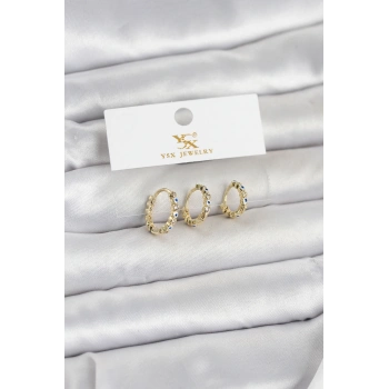 Nevamel® Pirinç Gold Renk Nazarlı Model 3lü Kadın Küpe 5886