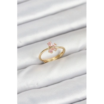 Nevamel® Pirinç Gold Renk Pembe Kelebek Kadın Yüzük 5886