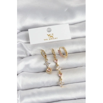 Nevamel® Pirinç Gold Renk Pembe Zirkon Taşlı 3lü Kadın Küpe 5886
