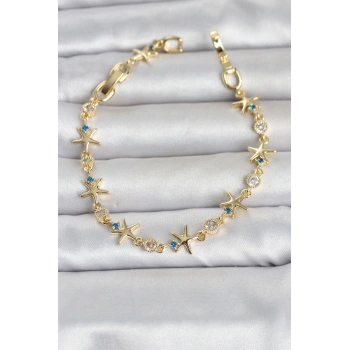 Nevamel® Pirinç Gold Renk Sıralı Deniz Yıldızı Model Kadın Bileklik 5886