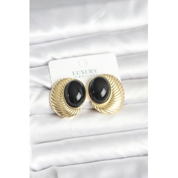 Nevamel® Pirinç Gold Renk Siyah Boncuklu Oval Vintage Kadın Küpe 5886
