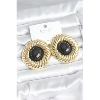 Nevamel® Pirinç Gold Renk Siyah Boncuklu Vintage Kadın Küpe 5886