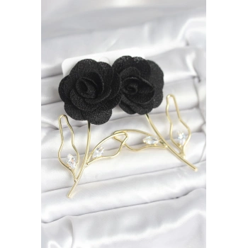 Nevamel® Pirinç Gold Renk Siyah Gül Model Kadın Küpe 5886
