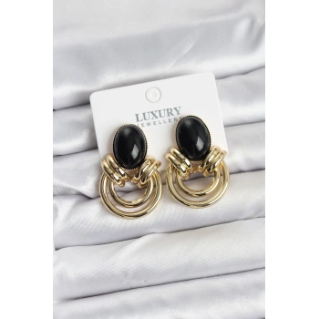 Nevamel® Pirinç Gold Renk Siyah Taşlı Vintage Kadın Küpe 5886