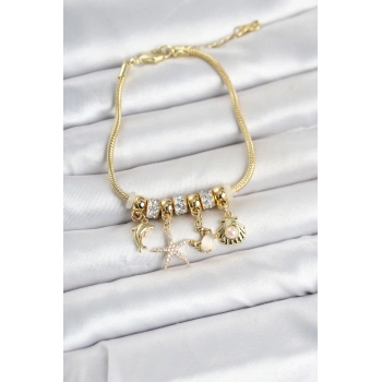Nevamel® Pirinç Gold Renk Yaz Konseptli Charmlı Kadın Bileklik 5886