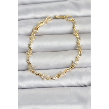 Nevamel® Pirinç Gold Renk Zirkon Taşlı Ay ve Yıldız Model Kadın Bileklik 5886