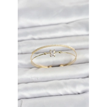 Nevamel® Pirinç Gold Renk Zirkon Taşlı Baget Model Kadın Bileklik 5886