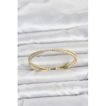 Nevamel® Pirinç Gold Renk Zirkon Taşlı Çapraz Model Kadın Bileklik 5886