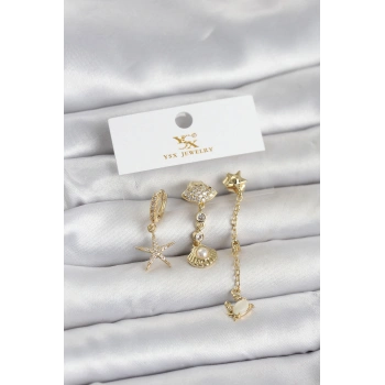 Nevamel® Pirinç Gold Renk Zirkon Taşlı Deniz Temalı 3lü Kadın Küpe 5886