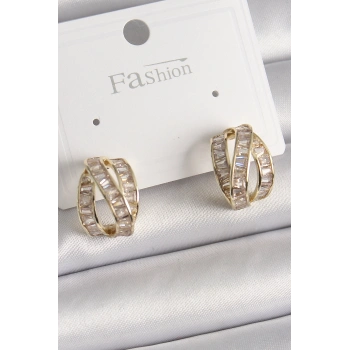 Nevamel® Pirinç Gold Renk Zirkon Taşlı Düğüm Halka Model Kadın Küpe 5886