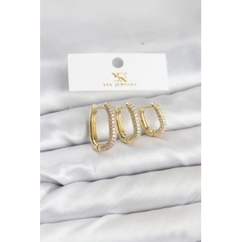 Nevamel® Pirinç Gold Renk Zirkon Taşlı Halka Model YSX Trio Küpe Seti 5886