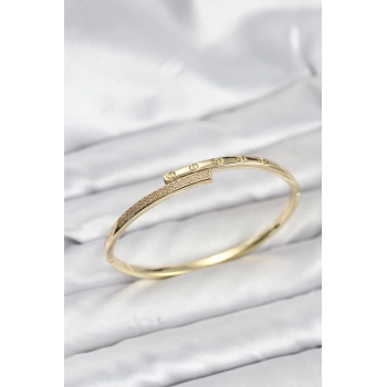 Nevamel® Pirinç Gold Renk Zirkon Taşlı Kadın Kelepçe Bileklik 5886