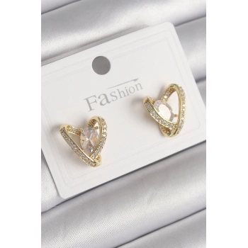 Nevamel® Pirinç Gold Renk Zirkon Taşlı Kalp Model Kadın Küpe 5886
