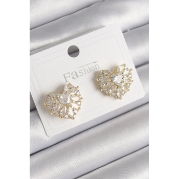 Nevamel® Pirinç Gold Renk Zirkon Taşlı Kalp Model Kadın Küpe 5886