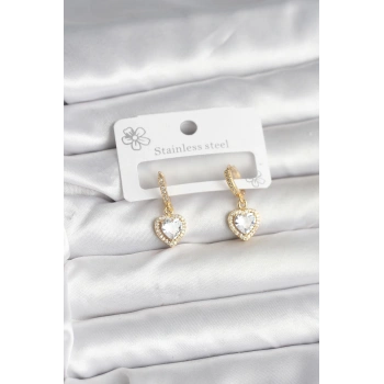Nevamel® Pirinç Gold Renk Zirkon Taşlı Kalp Model Kadın Küpe 5886