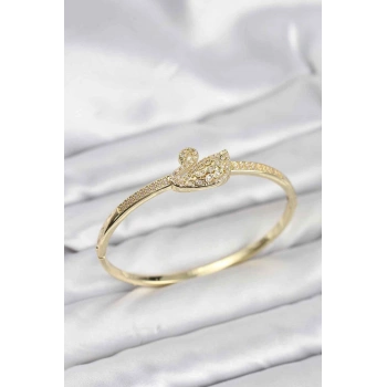 Nevamel® Pirinç Gold Renk Zirkon Taşlı Kuğu Model Kadın Kelepçe Bileklik 5886
