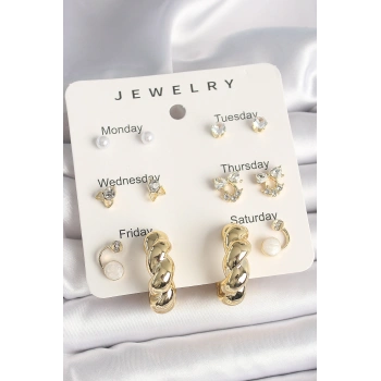 Nevamel® Pirinç Gold Renk Zirkon Taşlı Sarmal Halka Model 7Li Kadın Küpe Seti 5886