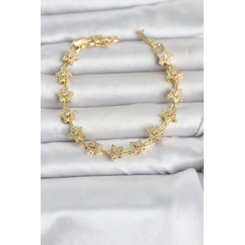 Nevamel® Pirinç Gold Renk Zirkon Taşlı Sıralı Yıldız Model Kadın Bileklik 5886