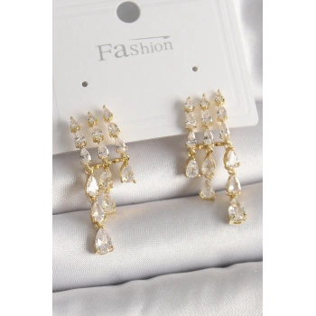 Nevamel® Pirinç Gold Renk Zirkon Taşlı Yağmur Model Kadın Küpe 5886