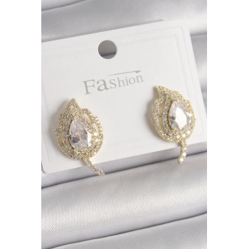 Nevamel® Pirinç Gold Renk Zirkon Taşlı Yaprak Model Kadın Küpe 5886