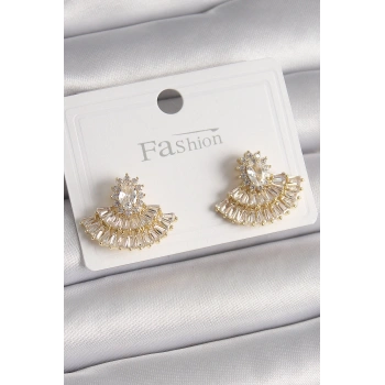 Nevamel® Pirinç Gold Renk Zirkon Taşlı Yelpaze Model Kadın Küpe 5886