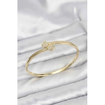 Nevamel® Pirinç Gold Renk Zirkon Taşlı Yonca Model Kadın Kelepçe Bileklik 5886