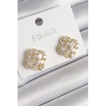 Nevamel® Pirinç Gold Renk Zirkon Taşlı Yonca Model Kadın Küpe 5886