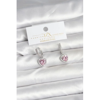 Nevamel® Pirinç Gümüş Pembe Renk Zirkon Taşlı Kalp Model Kadın Küpe 5886