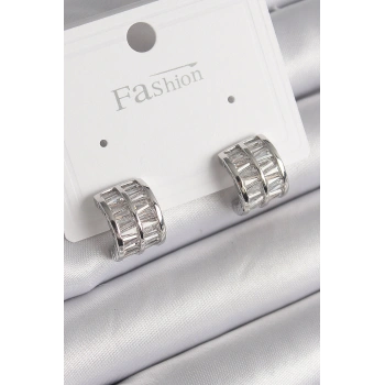 Nevamel® Pirinç Gümüş Renk Çift Sıra Zirkon Taşlı Kadın Küpe 5886