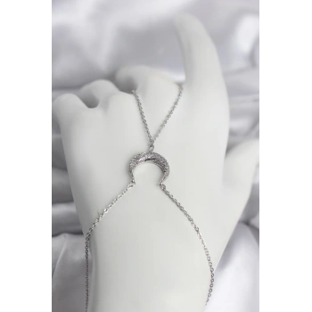 Nevamel® Pirinç Gümüş Renk Hilal Model Zirkon Taşlı Kadın Şahmeran 5886