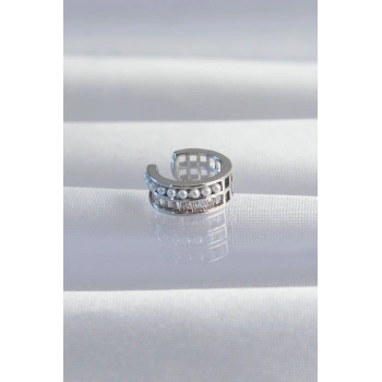 Nevamel® Pirinç Gümüş Renk İncili Baget Taşlı Earcuff Küpe 5886
