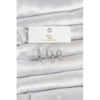 Nevamel® Pirinç Gümüş Renk Nazarlı Model 3lü Kadın Küpe 5886