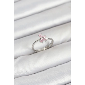 Nevamel® Pirinç Gümüş Renk Pembe Kelebek Kadın Yüzük 5886