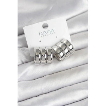 Nevamel® Pirinç Gümüş Renk Üçlü Görünüm Kadın Küpe 5886