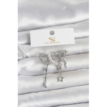 Nevamel® Pirinç Gümüş Renk Zirkon Taşlı Gece Temalı 3lü Kadın Küpe 5886