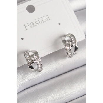 Nevamel® Pirinç Gümüş Renk Zirkon Taşlı Zincir Model Kadın Küpe 5886