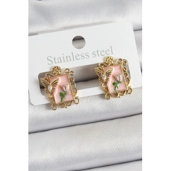Nevamel® Pirinç Pembe Mineli Sanatsal Portre Model Gold Renk Kadın Küpe 5886
