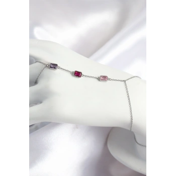 Nevamel® Pirinç Renkli Zirkon Taşlı Dikdörtgen Model Gümüş Renk Kadın Şahmeran 5886