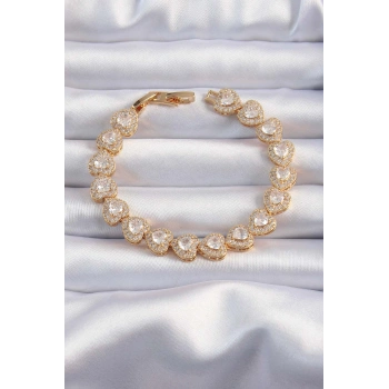 Nevamel® Pirinç Vip Seri Gold Renk Zirkon Taşlı Kalp Model Bileklik 5886
