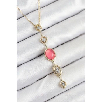 Nevamel® Pirinç Zincir Pembe Gold Renk Zirkon Taşlı Y Kolye 5886