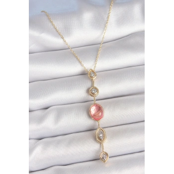 Nevamel® Pirinç Zincir Pembe Gold Renk Zirkon Taşlı Y Kolye 5886