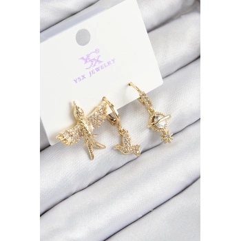 Nevamel® Pirinç Zirkon Taşlı 3lü Kuş Model Gold Renk Kadın Küpe 5886