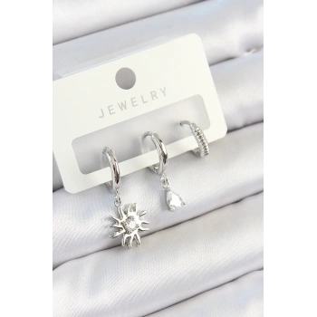 Nevamel® Pirinç Zirkon Taşlı Güneş Model Gümüş Renk 3lü Çift Kadın Küpe Set 5886