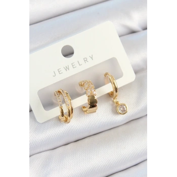 Nevamel® Pirinç Zirkon Taşlı Halka Model Gold Renk 3lü Çift Kadın Küpe Set 5886
