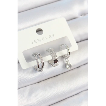 Nevamel® Pirinç Zirkon Taşlı Halka Model Gümüş Renk 3lü Çift Kadın Küpe Set 5886