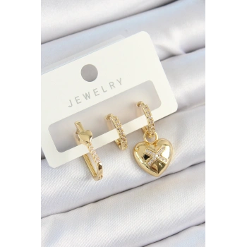 Nevamel® Pirinç Zirkon Taşlı Kalp Model Gold Renk 3lü Çift Kadın Küpe Set 5886