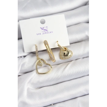 Nevamel® Pirinç Zİrkon Taşlı Kalp Model Gold Renk 3lü Kadın Küpe 5886