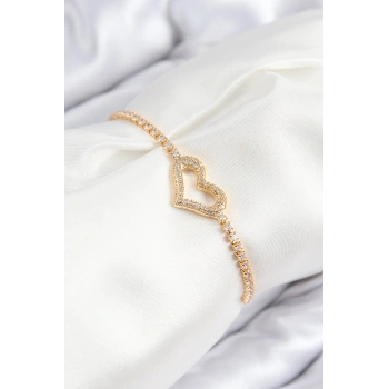 Nevamel® Pirinç Zirkon Taşlı Kalp Model Gold Renk Asansörlü Kadın Bileklik 5886